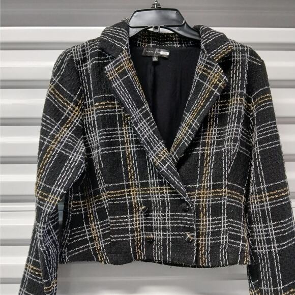 Slate & Willow Classic Plaid Tweed Blazer Womens Small Black Cropped Jacket - Picture 7 of 11
